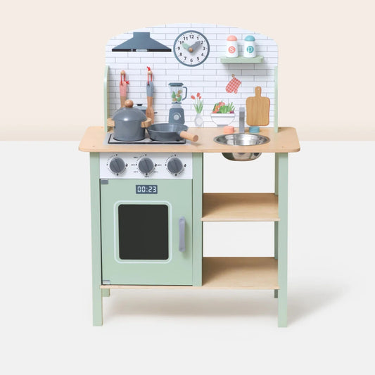 TOOKY TOY medinė virtuvėlė su priedais, žalia – nuotrauka 2