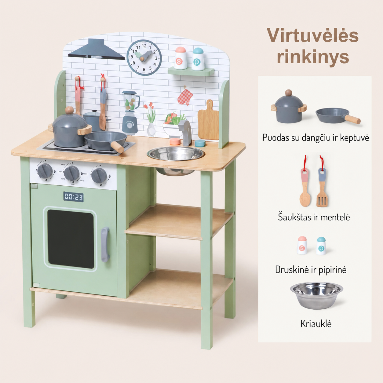 TOOKY TOY medinė virtuvėlė su priedais, žalia