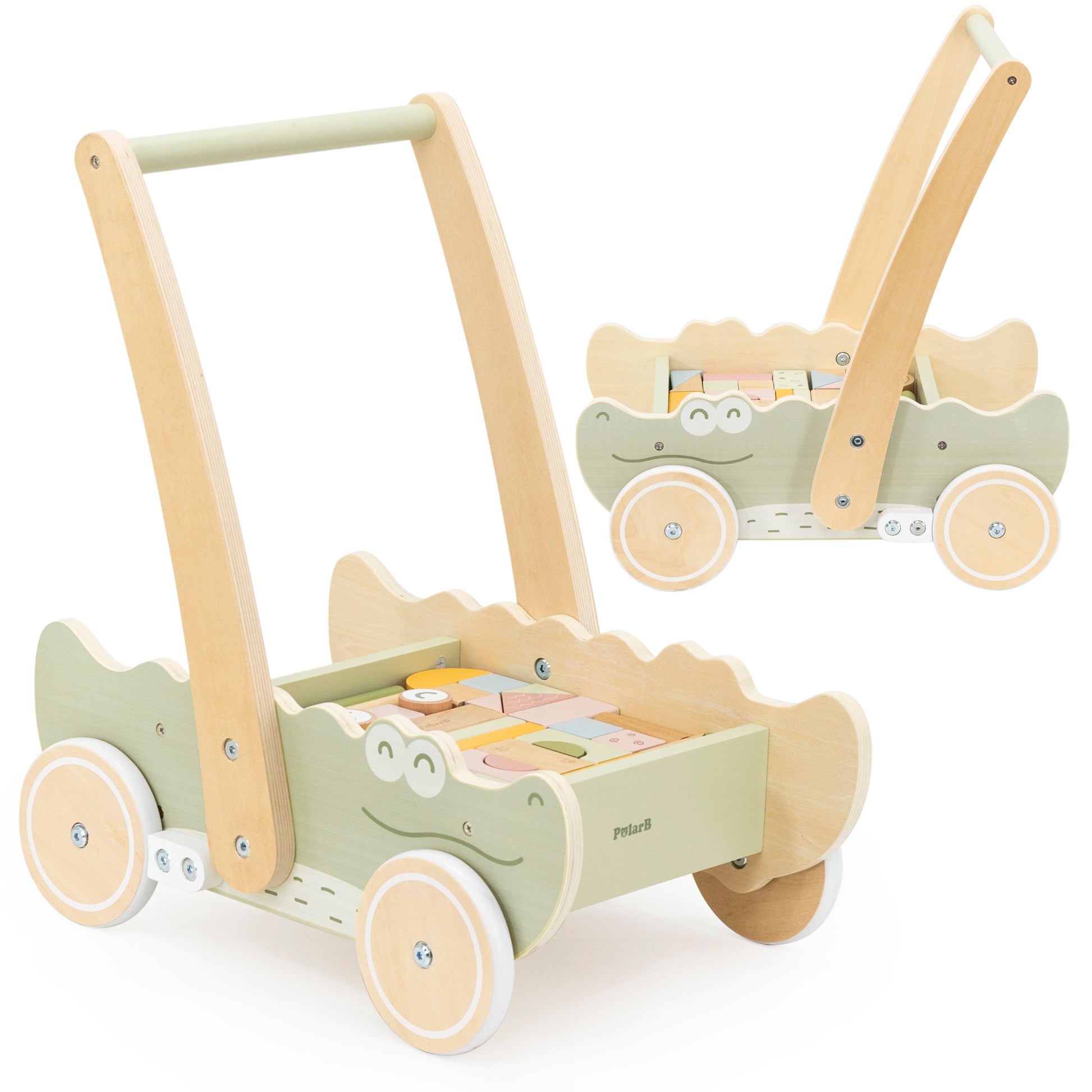 VIGA medinis stumdukas–vežimėlis „Krokodilas“ su kaladėlėmis