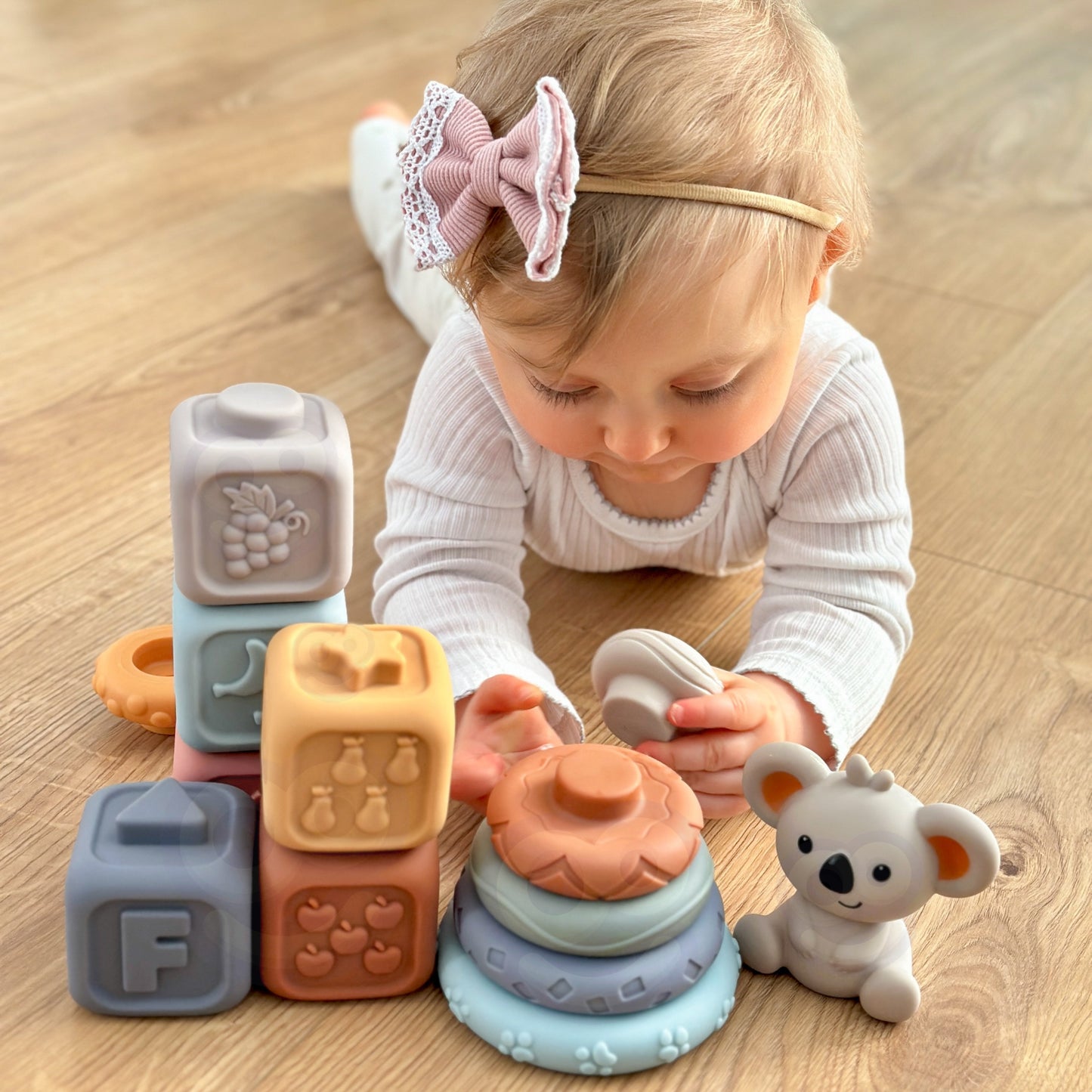 WOOPIE BABY minkštas sensorinis 3 viename rinkinys su meškiuku