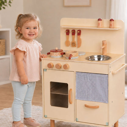 TOOKY TOY medinė virtuvėlė su priedais, smėlio spalvos – nuotrauka 2