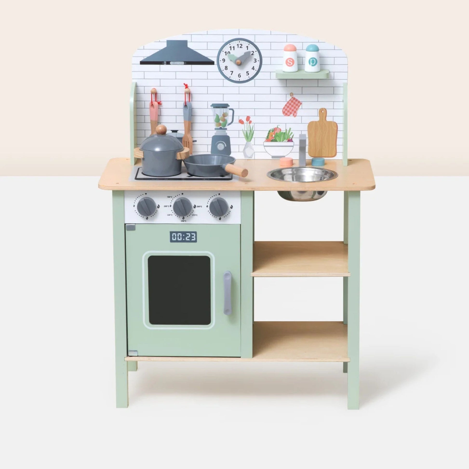 TOOKY TOY medinė virtuvėlė su priedais, žalia – nuotrauka 2