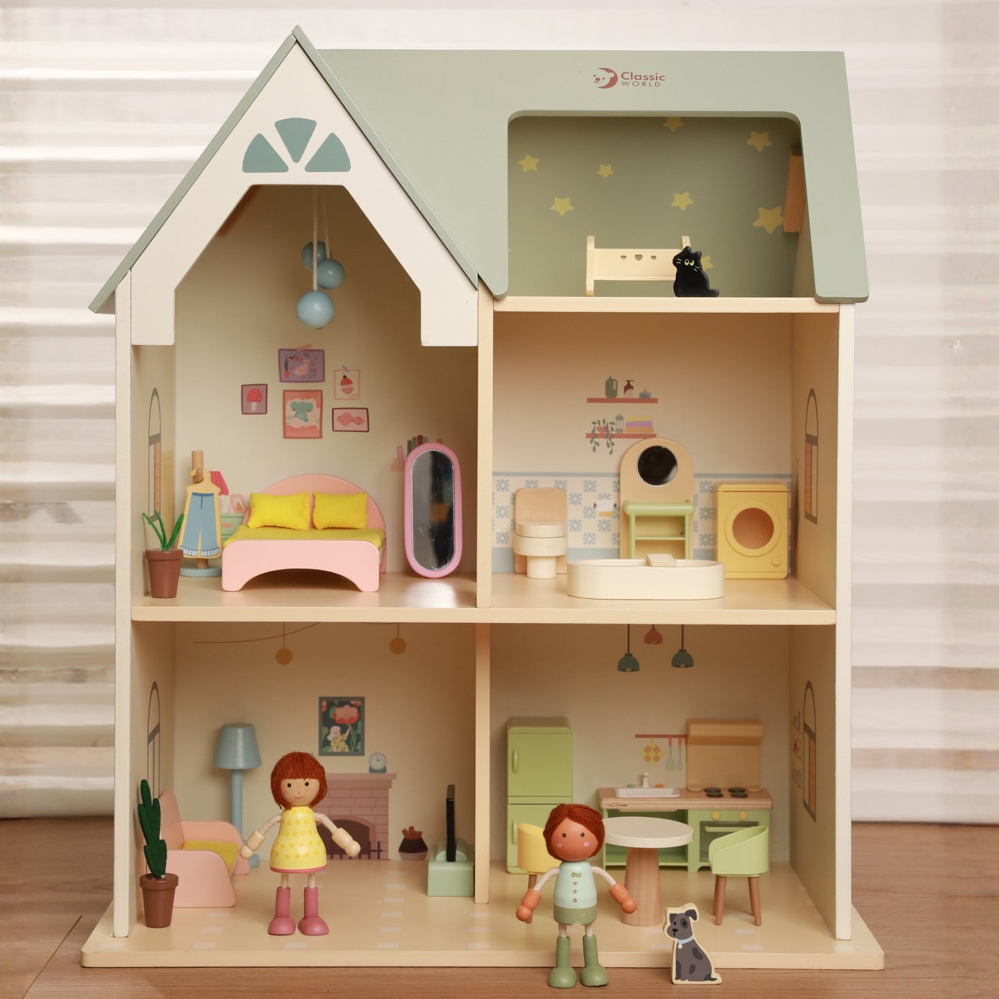 CLASSIC WORLD didelis medinis lėlių namelis su baldais – nuotrauka 8