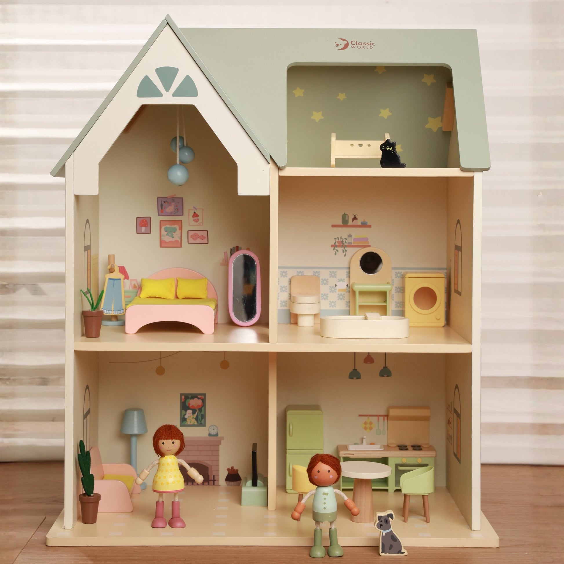 CLASSIC WORLD didelis medinis lėlių namelis su baldais – nuotrauka 8