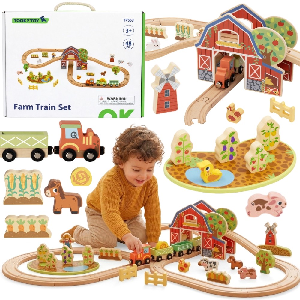 TOOKY TOY medinis fermos traukinio rinkinys, 48 vnt.