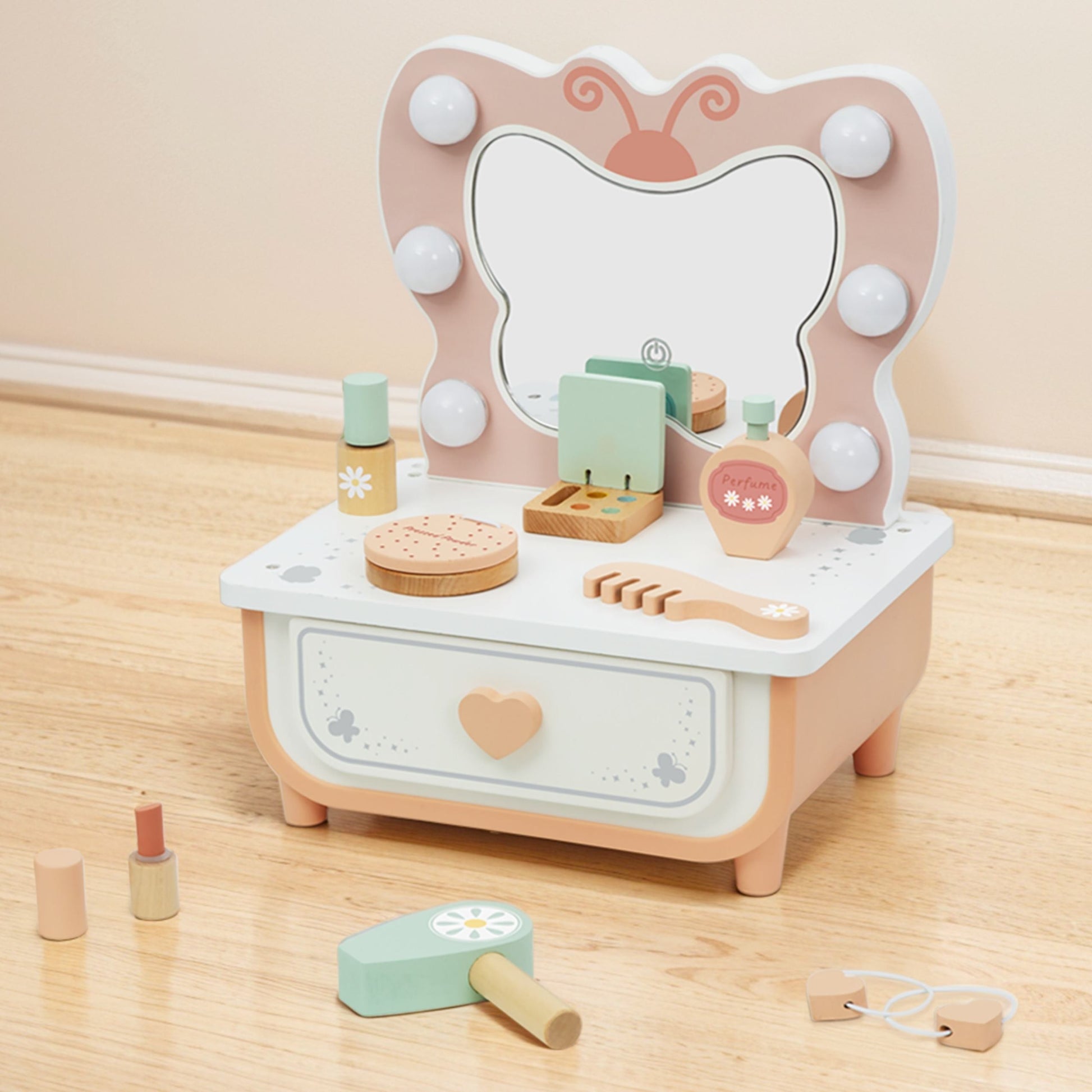 TOOKY TOY medinis kosmetinis staliukas „Drugelis“ su LED veidrodžiu – nuotrauka 7