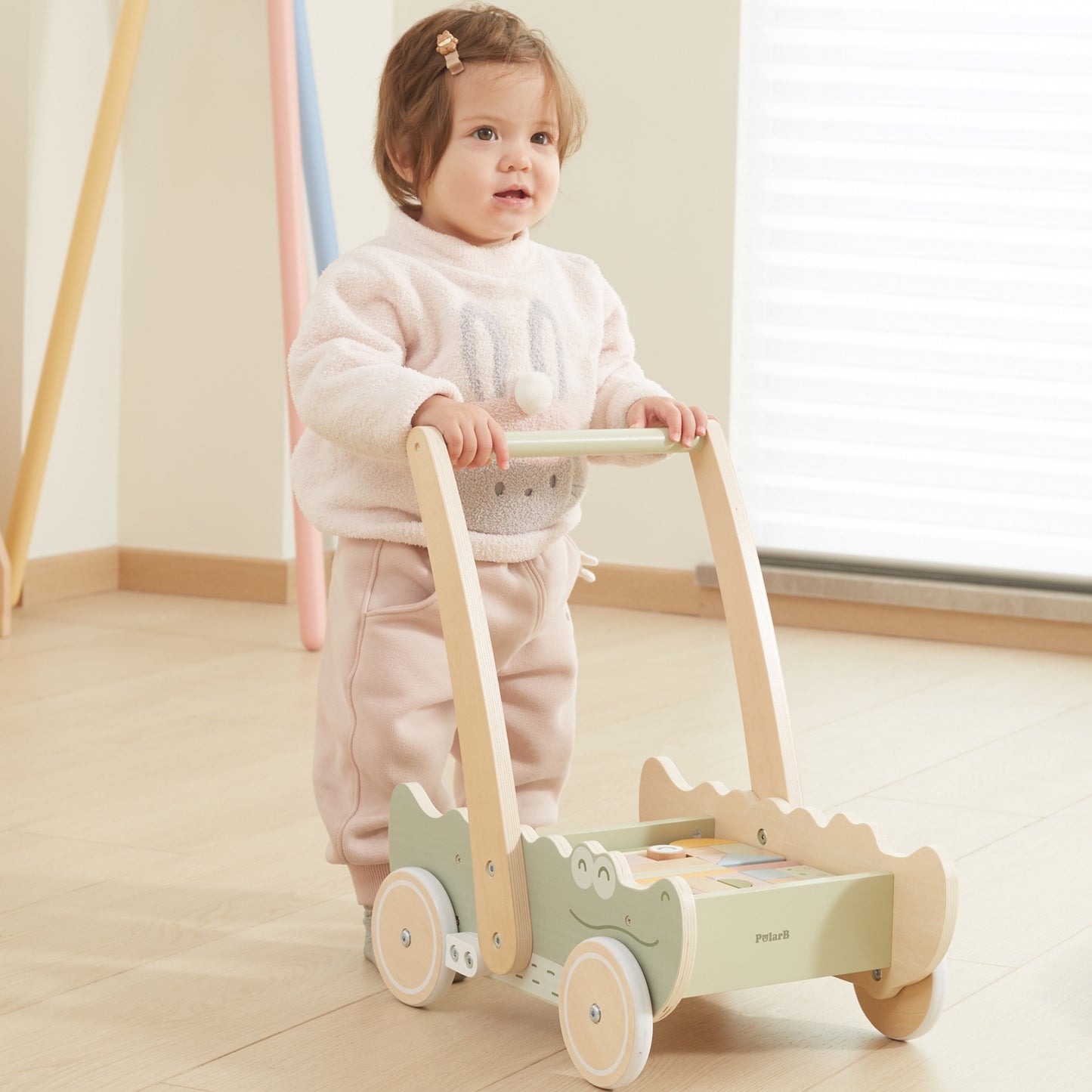 VIGA medinis stumdukas–vežimėlis „Krokodilas“ su kaladėlėmis